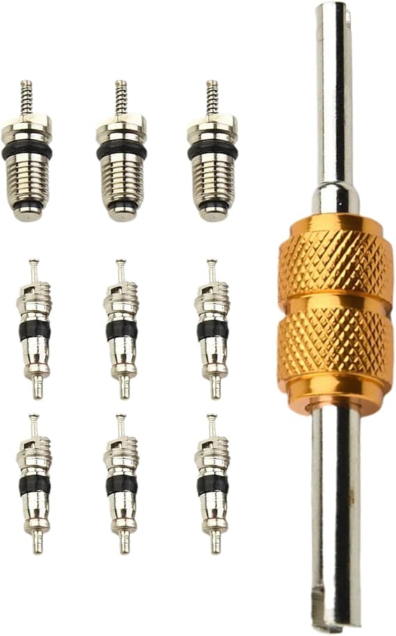 Air Conditioning Valve Core Kit, 10 Pieces A/C Refrigeration System R12 & R134a VValve CorRe AC Service Port Seal Cap ValvVe Stem CorEe Removal Tool ServiIce Valves for Car