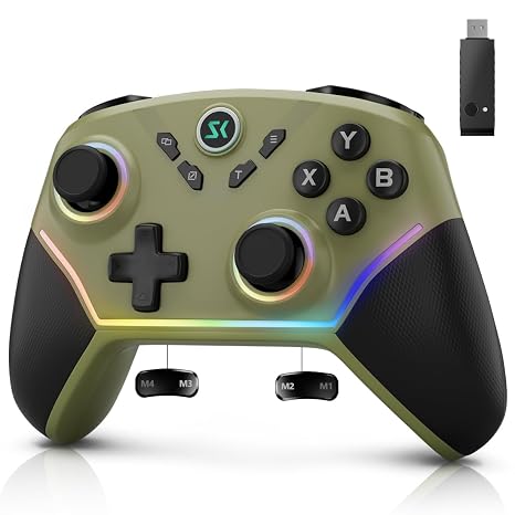 Multi-Platform Wireless Controller, PC Gaming Controller with 2.4G Adpater/Hall Joysticks/Hall Triggers/1200 mAh Battery/4 Programmable Buttons/RGB Lighting, Compatible with PC Windows 7/8.1/10/11, Switch/OLED/Lite, iOS, Android, Steam-Army Green