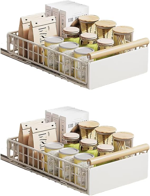 Pull Out Cabinet Organiser, 2PCS pull out kitchen storage Foldable, 23.5*11*39.5~56.5cm, Kitchen Cupboard Organiser with Handle, Adjustable Drawers, Slide Out Drawers for Kitchen Cabinets, White