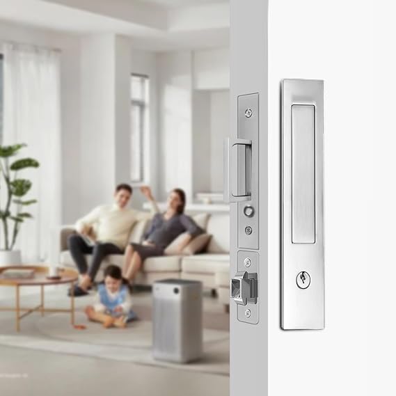 Pocket Door Locks,Recess Edge Pull,Pocket Door Hardware(Silver,Key Type)