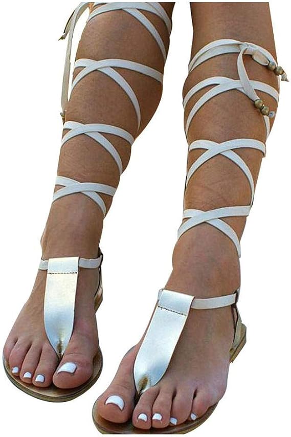 ZBYY Women Gladiator Beach Sandals T-Strap Flat Strappy Knee High Crisscross Shoes Open Toe Summer Flip Flops Sandals