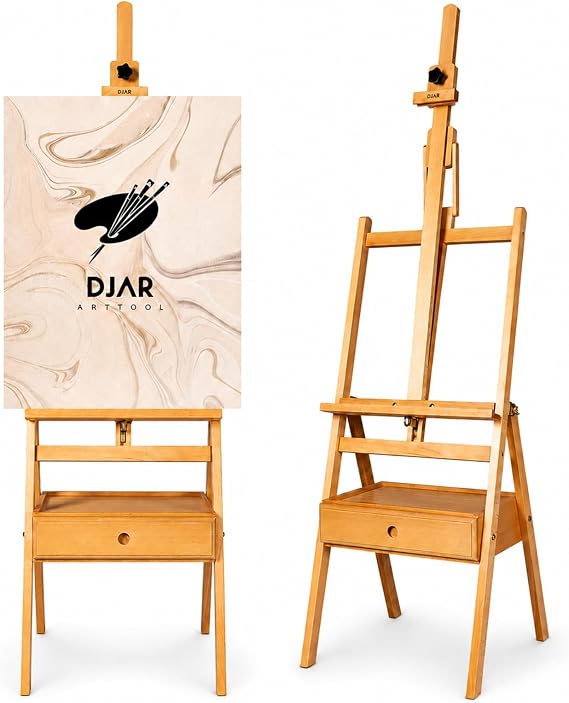 DJAR Adjustable Studio H-Frame Easel with Art Supply Storage Drawer, Solid Beech Wood Easel Stand for Artists, Students and Beginners, Holds Canvas up to 36", Natural