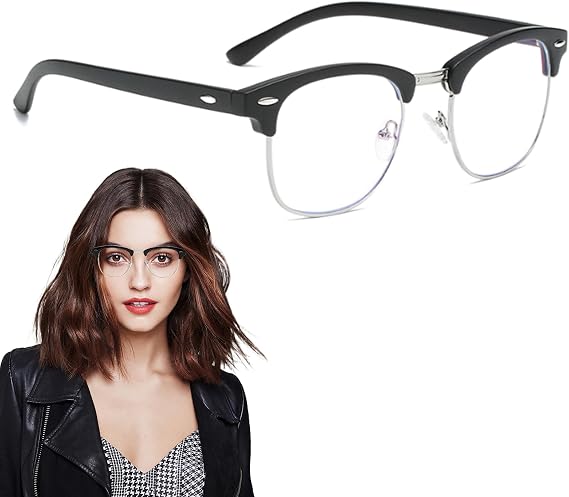 Blue Light Blocking Glasses, Black Half Frame Clear Lens Glasses Anti Bluelight Gaming Glasses Non-Prescription Clear Lens Glasses for Women Men, Unisex Round Glasses for Work Playing Gaming Computer