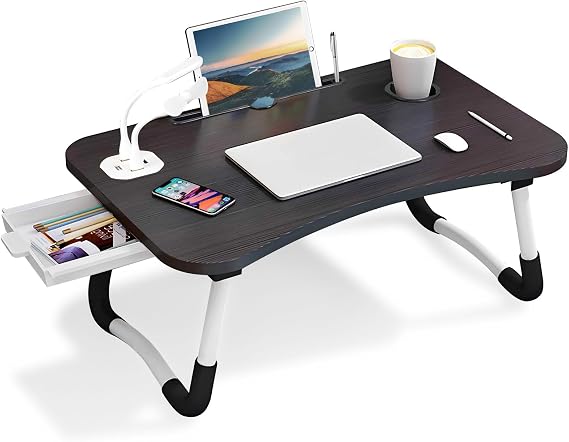 Foldable Laptop Table with USB Ports, Drawer, Cup Holder&Tablet Slot, Black | Small desk with fan and lamp for bed,sofa,floor, balcony. Ideal for reading, studying, having breakfast, gaming, or working.