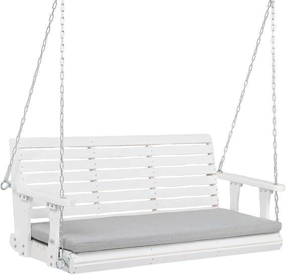 VINGLI 5 FT Heavy Duty Porch Swing with Cushion, 880 LBS Wooden, White | Extra Cushion Included; Heavy-Duty Wood Frame; 880-Lb Capacity; Adjustable Chains; Farmhouse Swing For Yard, Garden, Lawn