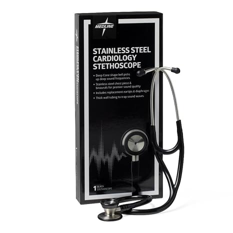 Medline Elite Stainless Steel Cardiology Stethoscope, Black, Acoustically Superior