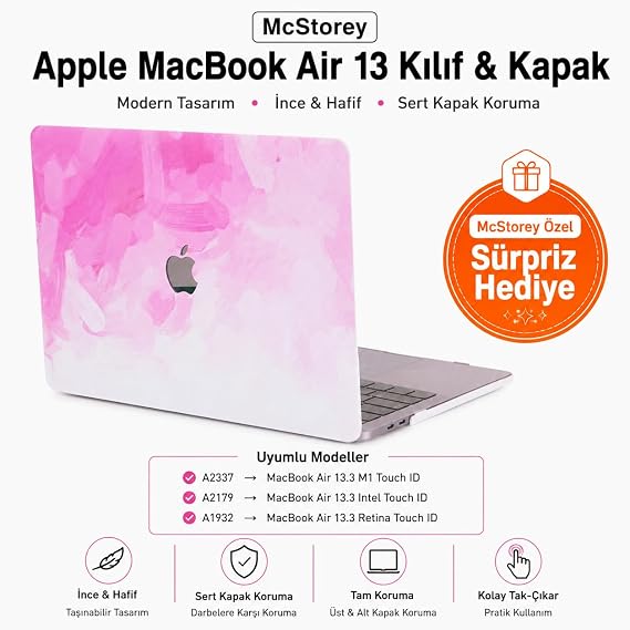 McStorey MacBook Air 13 İnç Kılıf A2337 M1 A2179 A1932 Uyumlu Hard Case Sert Kapak Suluboya Desenli UV Baskılı Koruyucu Kılıf İnce Hafif Laptop Kılıfı Pembe