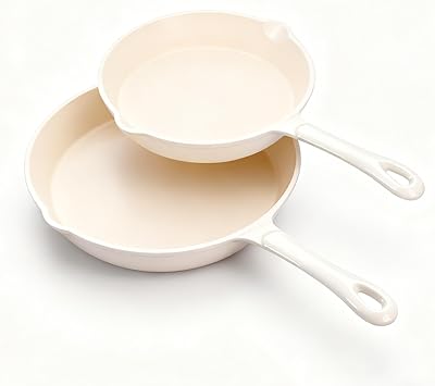 Hisencn Pans set,8 & 9.5 Inch Ceramic Cast Iron Pans Set Nonstick,Nonstick Frying Pan Set Without PFAS & PTFE & PFOA,Dishwasher & Oven Safe,Enameled Cast Iron Skillets For Gas/Electric Stovetop,White