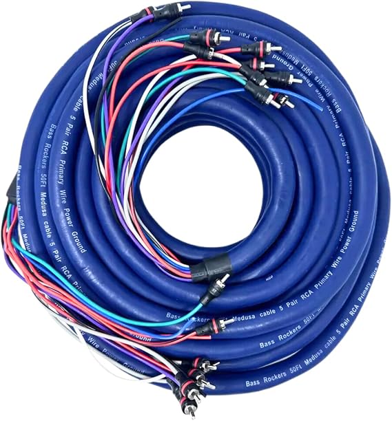 Bass Rockers 50Feet of Heavy Duty BRmedusa50 Cable with 5 RCA Pairs Remote Wire Power Ground Snake Cable for Radio Box Extension