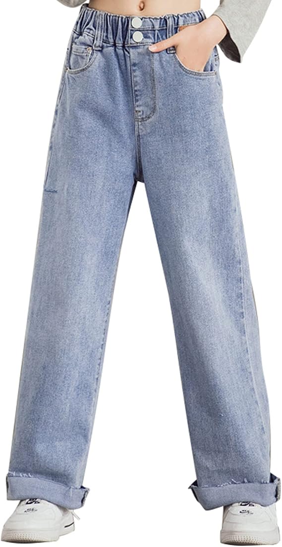 birbyrrly Girls Wide Leg Jeans Kids Baggy Elastic Waist Casual Denim Pants with Pockets for Kids & Teen Girls