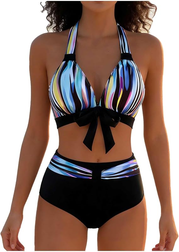 Womens High Waisted Bikini Sets Tummy Control Swimsuits Crisscross Tie Back Bathing Suit Knot Front Swimwear