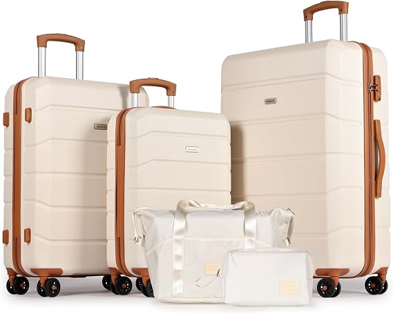 Suitcase Sets 5 Piece, Hard Shell Lightweight ABS Trolley Travel Luggage Set Spinner Wheels & TSA Lock with Travel Duffel Bag and Toiletry Bag -20”+24”+28”, White