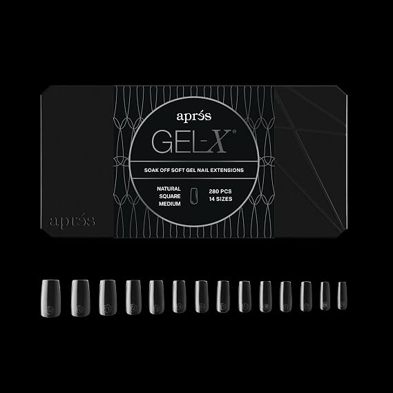 Apres Gel-X Square Box of Nail Tips | 280 Gel-X Tips, Soft Tips, 14 Sizes 00-9 | Half-sizes Included (Natural Square Medium, 280 Count)