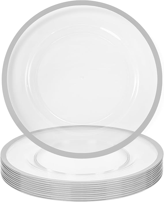 Showgeous 10 Pack Clear Plastic Charger Plates,Silver Rim,13 Inch Round