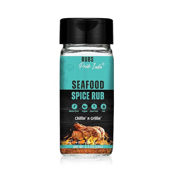 Seafood Spice Rub 2.3 oz (65 gm) w/Convenient Dual Sifter Cap Savory Salty All Purpose Seasoning |For Grilling Marinating Baking |Non-Bioengineered Vegan Gluten Free- Pride of India