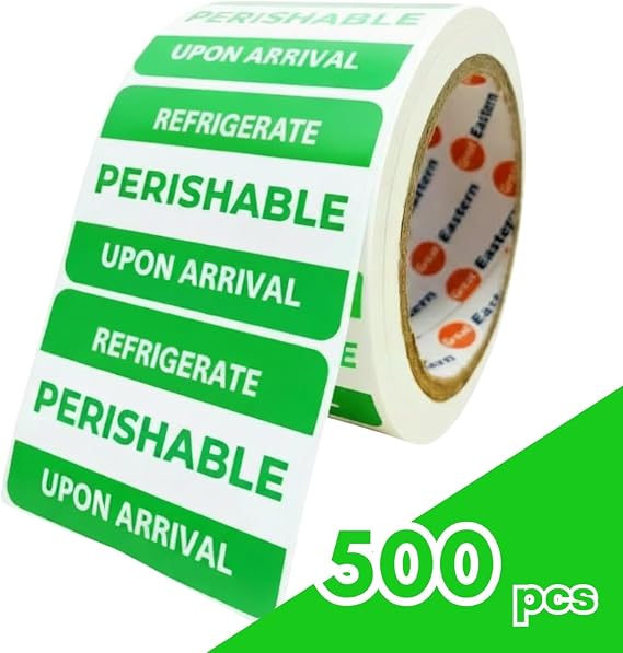 Great Eastern 500 Pcs Waterproof Perishable Stickers for Shipping 3" 2" Refrigerate Upon Arrival Labels | Strong Adhesive Warning Labels for Food Packaging & Cold Storage (1 Roll)
