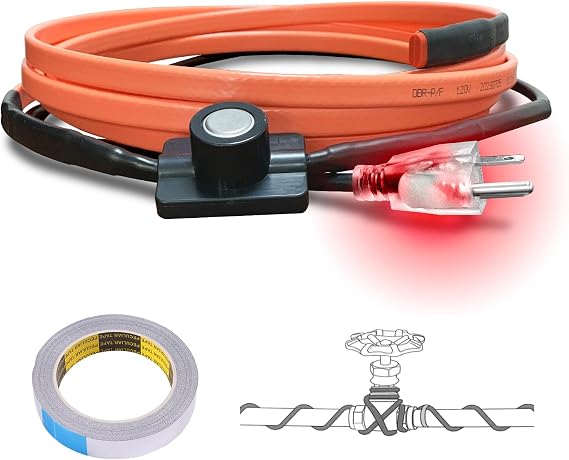 Cupohus Heat Tape for Water Pipes with Thermostat 3FT, Freeze Protection Self-Regulating Heat Trace Cable for Metal, Plastic Home Pipes, Roof and RV, 110-120V