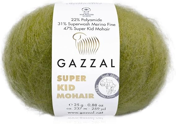 5 Pack/Skein Gazzal Super Kid Mohair, 0,88 oz/25 g, 259 yards/237 Meters, 47% Super Kid Mohair, 21% Superwash Merino Fine, and 22% Polyamide, (64422)