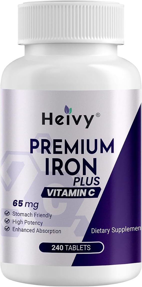 Heivy Ferrous Sulfate 325mg, Iron 65mg, Iron with Vitamin C High Potency Iron Supplement for Women & Men Premium Pure Ingredients, Gentle on Stomach, 240 Tablets, Made in USA