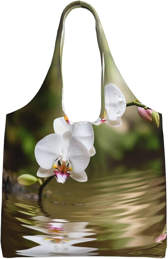 Handbag Beach Bag Canvas Tote Bag Reusable White Orchid In The Pond Printed Grocery Bags Shoulder Bags