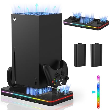 Charging Stand with Cooling Fan, CODOGOY Vertical Stand Compatible with Xbox Series X/S Console&Controller, Dual Controller Charger Station Dock with 3 USB Ports,2*1100 mAh Rechargeable Battery Packs