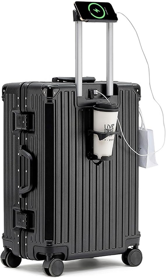 FREEFLY Hard Shell Suitcases Cabin Suitcase Medium Suitcase 4 Wheels Carry on Luggage Lightweight Suitcase with USB Charging Port Folding Cup Holder,Black,22in