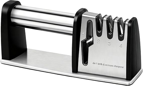 Kitchen Knife Sharpener 4-in-1 Knife Sharpening System for Scissors, Knives, Blades Sharpening Tool with Ergonomic Handle and Anti-Slip Base Tungsten Steel Blade Sharpener