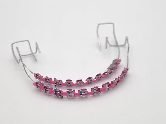 2Pcs One Step Dentistry Fake Braces,Fast Install Temporary Tooth Decoration with Metal Wires Orthodontic Ligature Ties Fake Brace,Dental Students Practice Fake Backets Braces (pink)