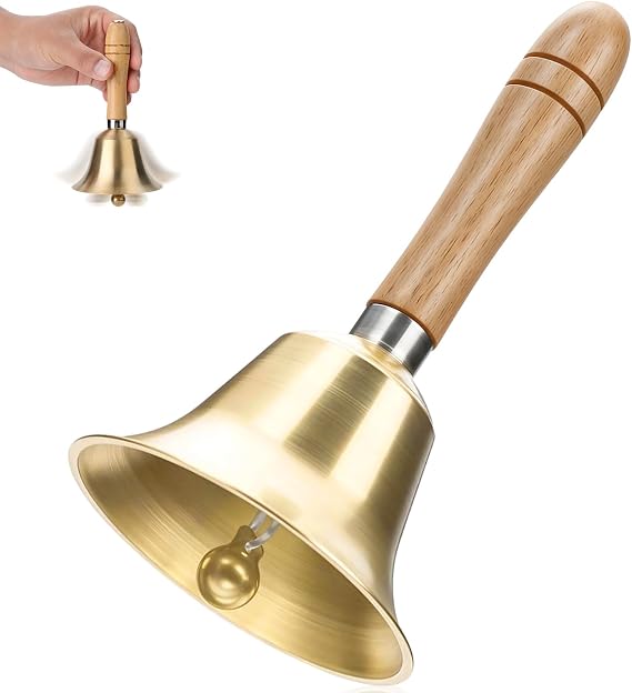 Super Loud Hand Bell with Wooden Handle, Solid Brass Held Metal Christmas Bells, Ringing Sound Supply Service Call Handbells for Elderly People at Home, Wedding, Animal Training, School, Dinner, Tea