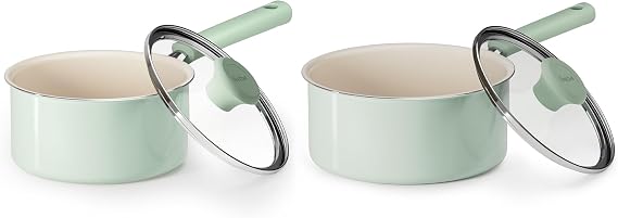 Redchef Ceramic Nonstick Saucepan with Lid, Small Cooking Pot, Non Toxic Sauce Pans for Kitchen, Cool Handle PFAS Free Compatible with All Cooktops, (Green 1.5QT+3QT)