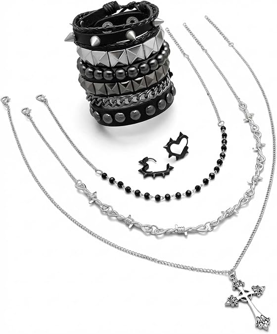 Gothic Punk 3PCS Jewelry Set, Set of 4 Studded Bracelets + 3-Layer Gothic Cross Necklace + Black Heart Earrings, Grunge Emo Y2K Accessories for Women Men