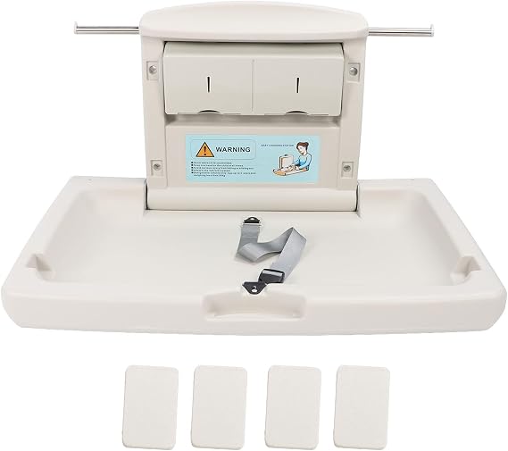 Foldable Wall Changing Station with Safety Belt, Tissue Box and Hook - Ideal Diaper Changing Table for Commercial Bathrooms