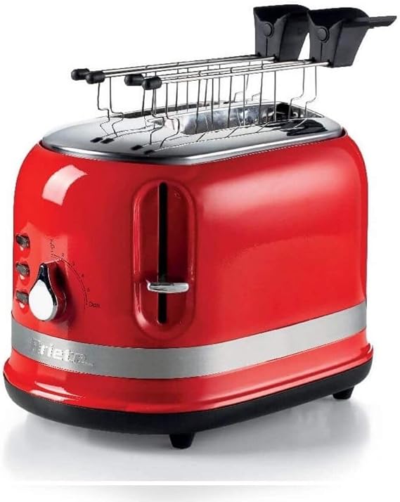 Ariete 149 Red Toaster Modern 2 Slices with Tongs, Automatic Ejection, Crumb Collection Drawer Defrost and Heat, 6 Toast Levels, 800W, Plastic