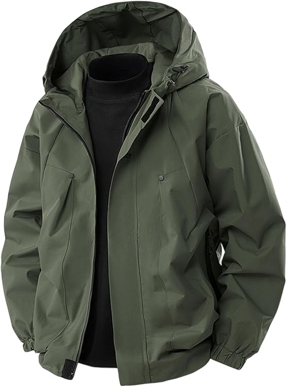 Men's Waterproof Rain Jacket with Elastic Hem Lightweight Hooded Windbreaker for Outdoor Hiking & Travel