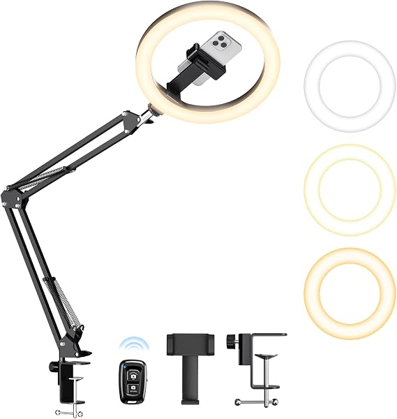 Upgrade Ring Light with Stand, Overhead Phone Mount for Desk, 10 Selfie Light with Stand Tripod for iPhone, Light with Phone Holder for Video Recording,Zoom Meeting,Live Streaming Tiktok,YouTube
