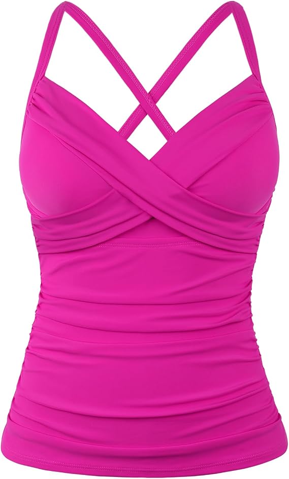 Mycoco Underwire Tankini Top for Women Cross Front V Neck Push Up | Padded Bathing Suit Top Underwire Swimwear Ruched Tummy Control Swim Top with Quick-Dry Fabric