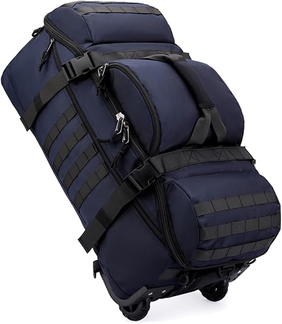 70L Wheeled Duffel Backpack Rolling Travel Bag Water Resistant Holdall with Hidden Straps Heavy Duty Foldable Sports Duffel Bag for Overnight Camping Beach Business Trip Storage (Blue)