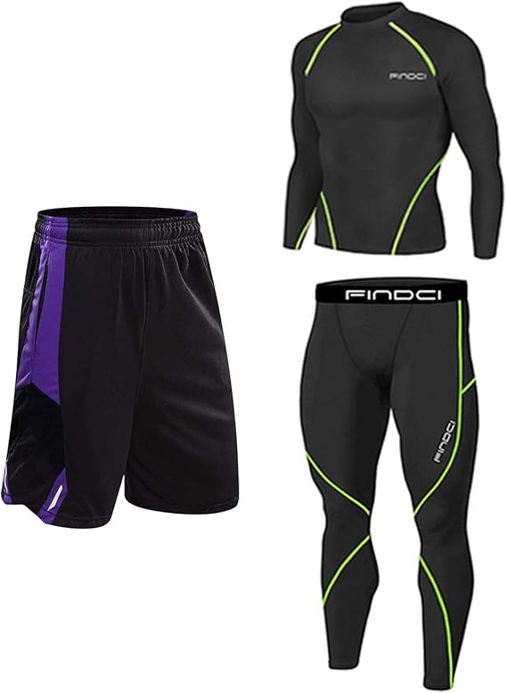Men's Compression Long Sleeve Shirts Cool Dry Baselayer Tights and Loose Shorts Pants 3Pcs Set