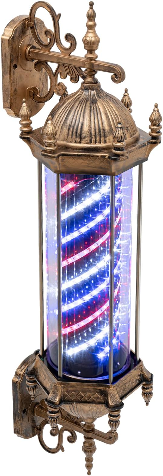 Barber Rotating Light 110V 35.43in Wall-Mounted Barber Pole 50 RPM Red+White+Blue Stripes Rotating LED Light Retro Barber Pole for Hair Barber Salon Shop Open Sign