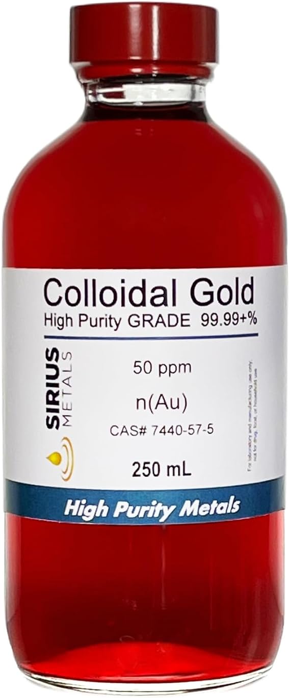 True Colloidal Gold 50 ppm - 99.99+% Purity - 250 mL (8.45 Fl Oz) in Clear Glass Bottle - Made in USA