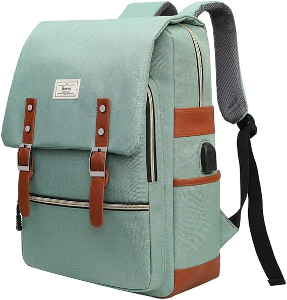 Ronyes College Bag 15.6 Inch Laptop Backpack with USB Port, Light Green