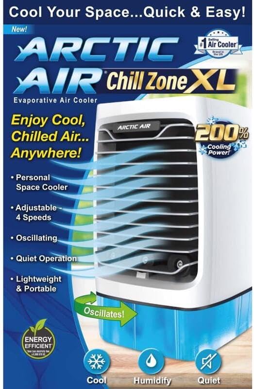 Arctic Air Chill Zone XL Evaporative Cooler with Oscillating Fan, Auto-Off Timer, Portable Fan with 4 Adjustable Speeds, 16-Hour Cooling Fan for Bedroom, Living Room, Office & More,White