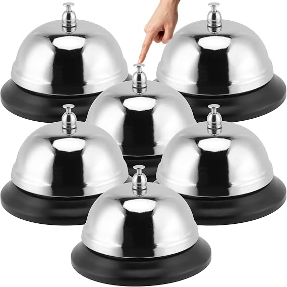 6 Pack Reception Table Bells, Stainless Steel Service Bells, Desk Food Call Hand Bell for Bars, Hotels, Restaurant, Schools, Homes, 8.5 x 6 cm