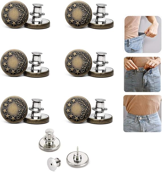6PCS Perfect Fit Instant Button Pin, Instant jeans Buttons tightener, Jean Replacement Buttons Removable Button for loose jeans No Sew Buttons to Extend or Reduce an Inch to Any Pants Waist in Seconds