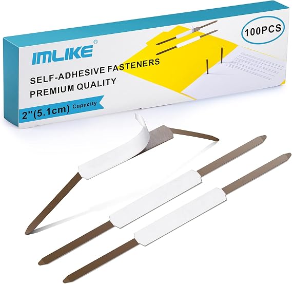 Self-Adhesive Prong Paper Fasteners - IMLIKE 100 PCS Metal File Fasteners, 2" Capacity, 2.75" Base for Paper Folder or Files, Brown - A Good Partner for Collecting Papers