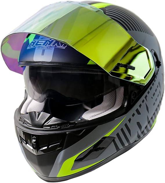 Full Face Motorcycle Helmet with Inner Visor Fiberglass Lightweight Street Bike Racing Helmet for Adult Men Women DOT Approved Gold Visor & Sun Shield (Fluo Green, Medium)