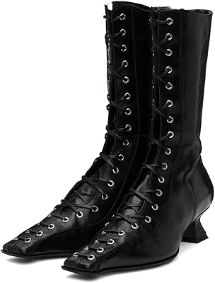 UniqueStride Womens Lace up Mid Calf Boots Pointed Square Toe Kitten Heel Vintage Witch Granny Booties Cosplay Costume Shoes