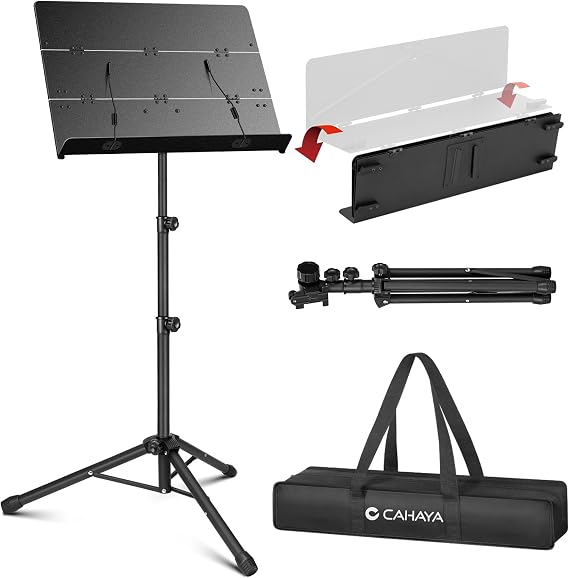 CAHAYA Foldable Sheet Music Stand with Tri-fold Panel Portable Music Stand with Carrying Bag Matte Frosted Metal Material Sturdy Height Adjustable CY0317