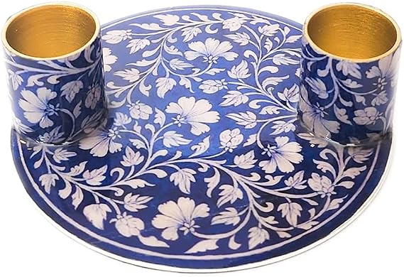 Yair Emanuel Flat Plate Candle Holders for Shabbat 4 Inch Vibrant Pattern Design Modern Judaica Gift (CSE-6 Blue Pottery)