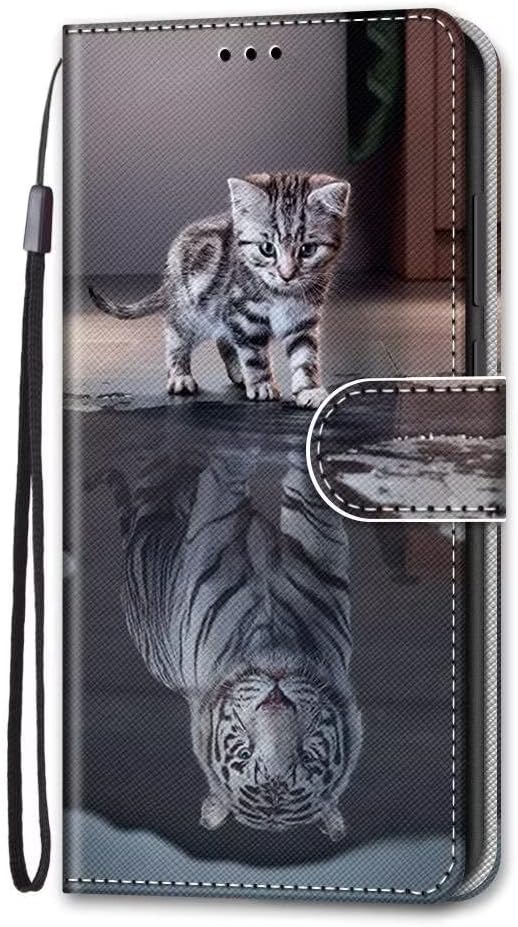 For iPhone 15 Plus Case Flip Shockproof Leather Folio Book Wallet Case with Card Holder Stand Silicone Bumper Protector Cover Phone Case for iPhone 15 Plus,Cat in the mirror
